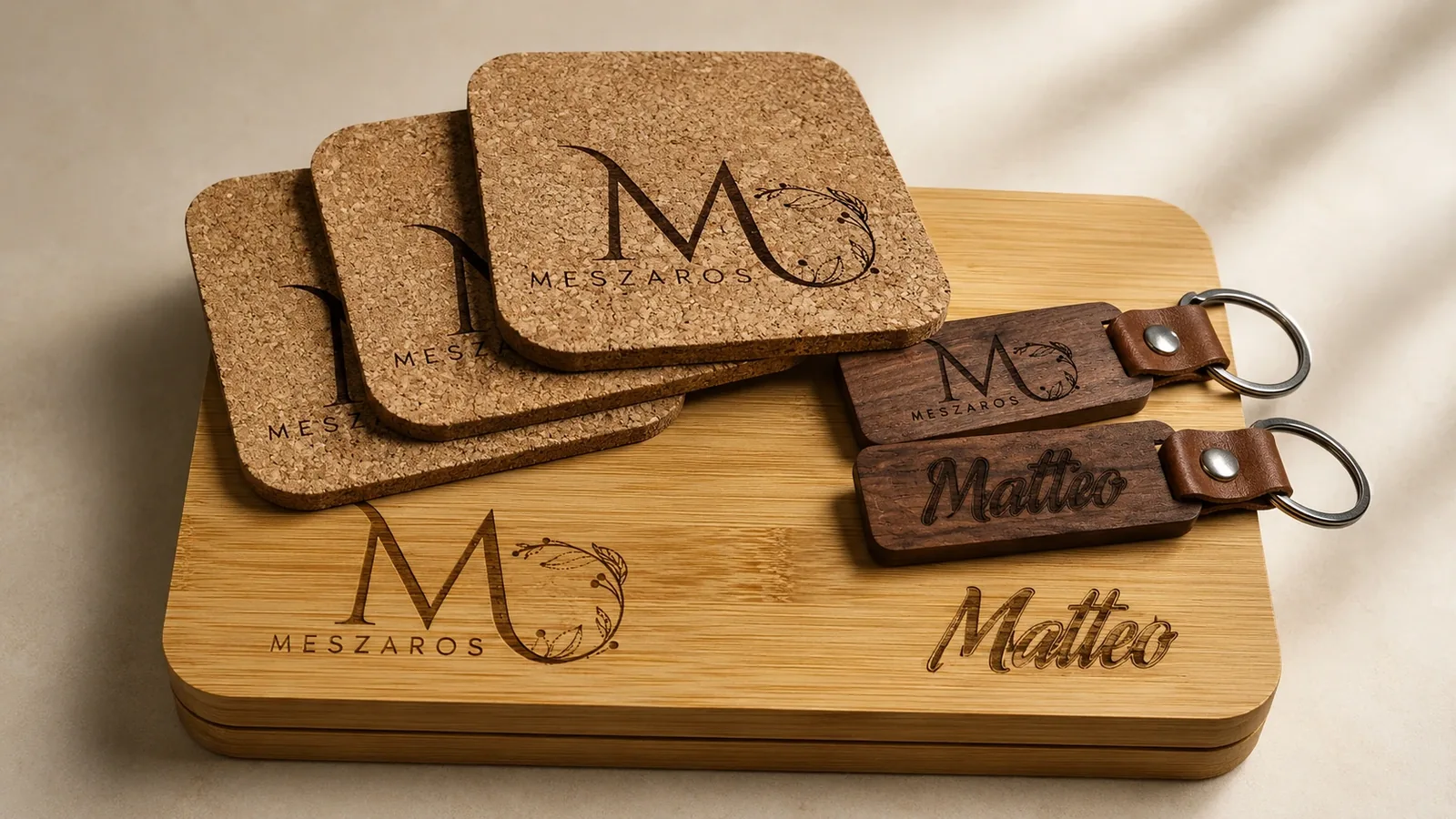 Personalized gift set in bamboo, cork and wood
